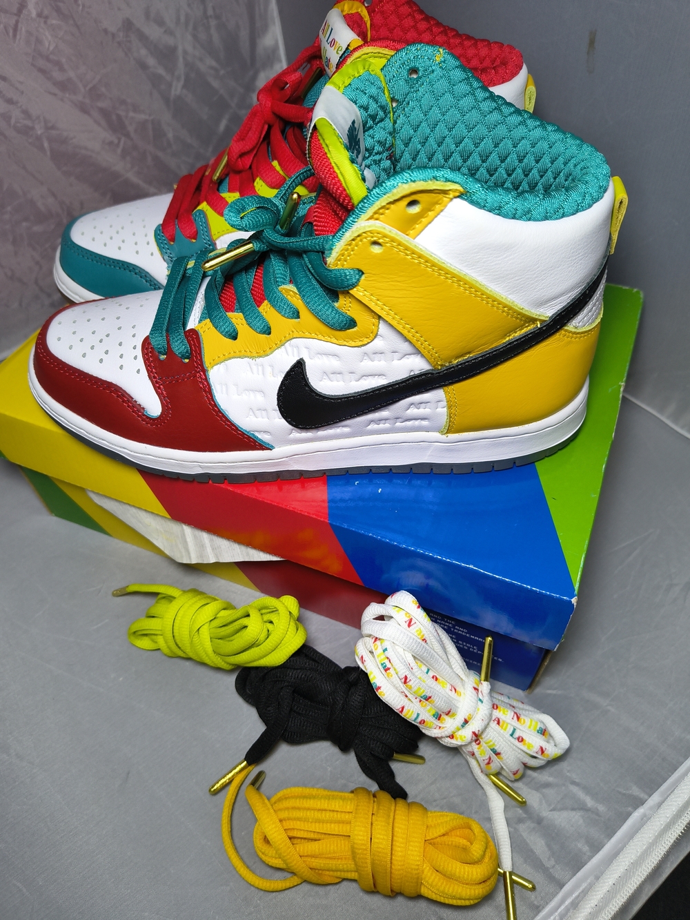 Nike Multicolor SB High-Top Sneakers - White, Yellow, Teal, Red, Black "All Love